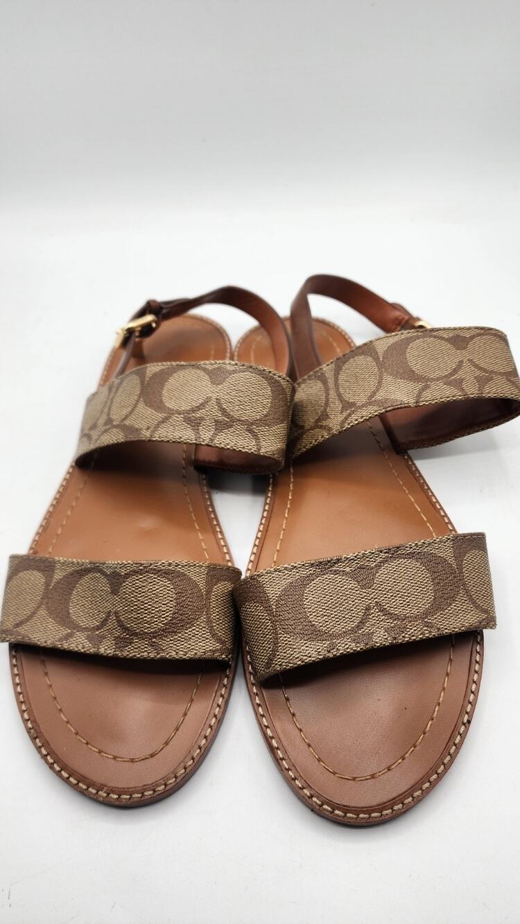 Coach Signature C Jacquard Flat Strappy Sandals Brown Canvas Womens Size 9